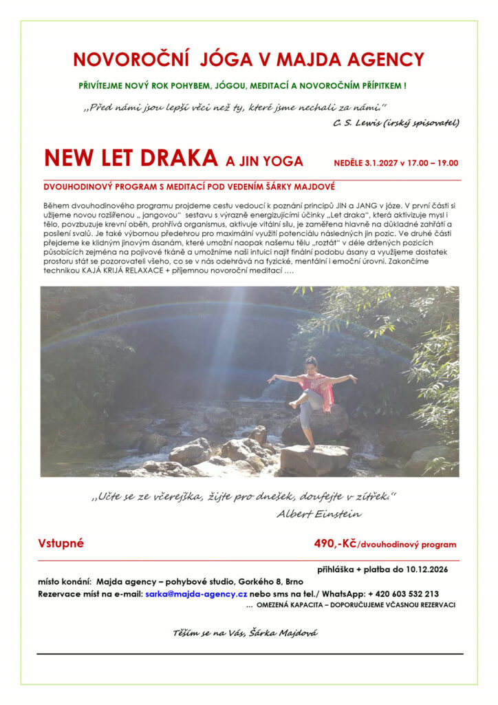Leták Novoroční jóga – New Let draka a jin yoga, neděle 3. 1. 2027, Majda agency