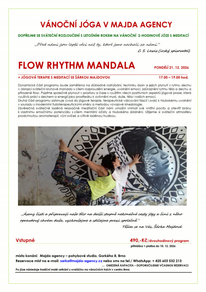 Leták Vánoční jóga – Flow Rhythm Mandala, pondělí 21. 12. 2026, Majda agency